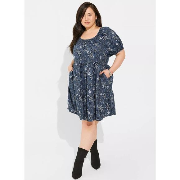 NWT Torrid Womens 2X Chambray Smocked Puff Sleeve Boho Cottagecore Mini Dress - Picture 2 of 13